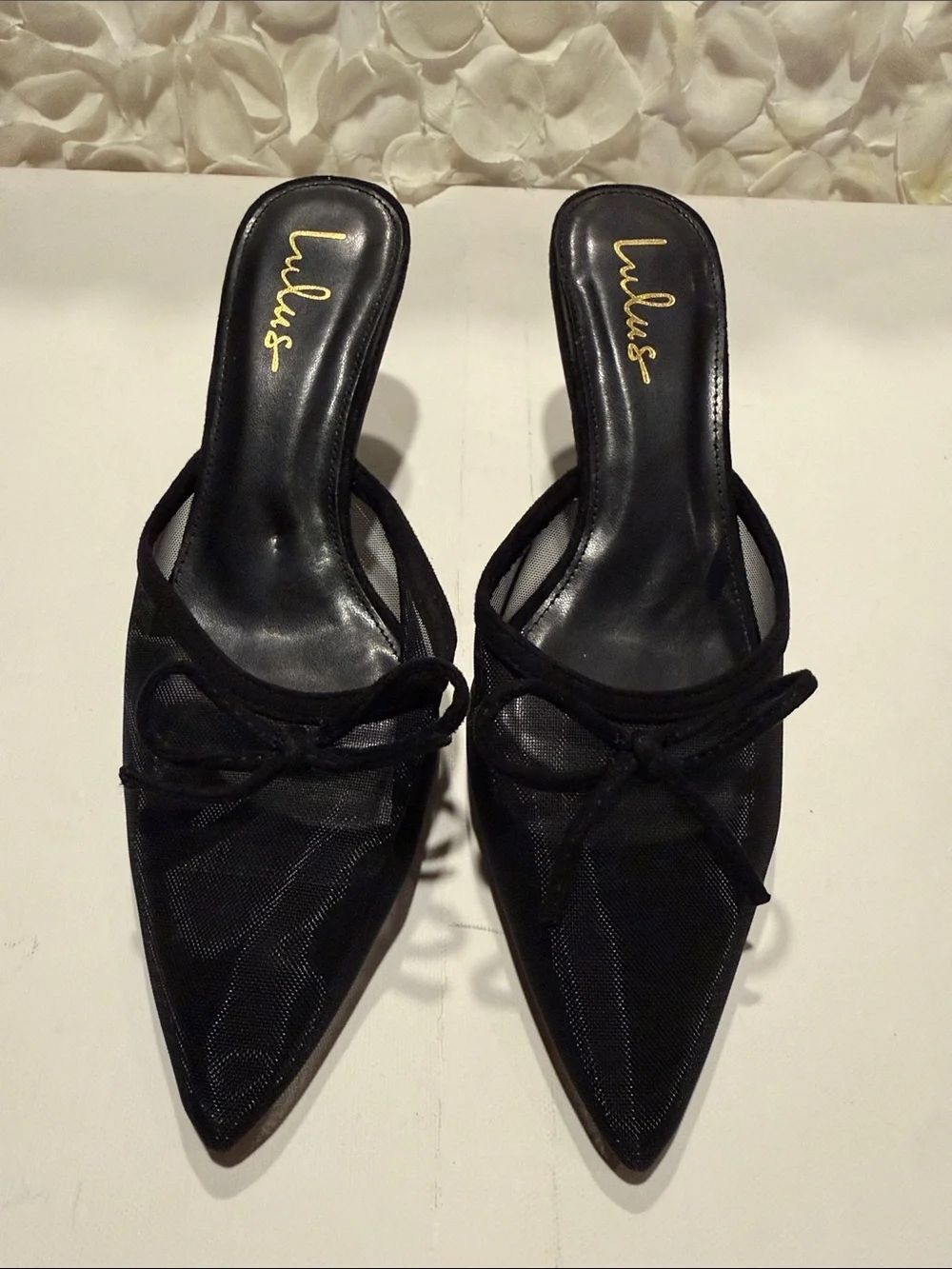 Lulu's Black Pointed Mesh Bow Slip-On Mules